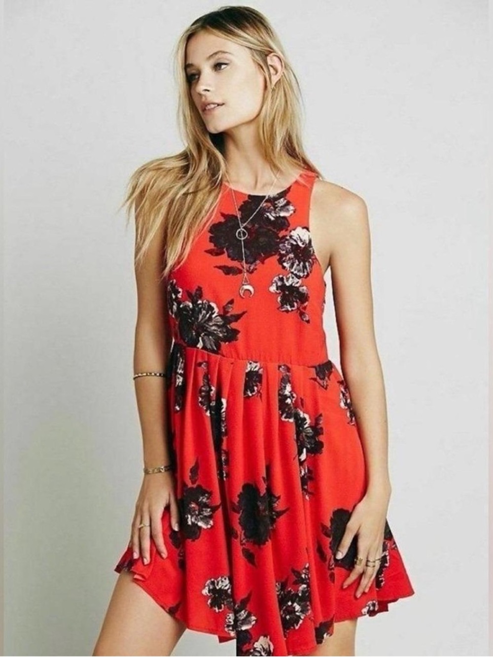 Free People Red Floral High-Neck Swing Mini Dress
